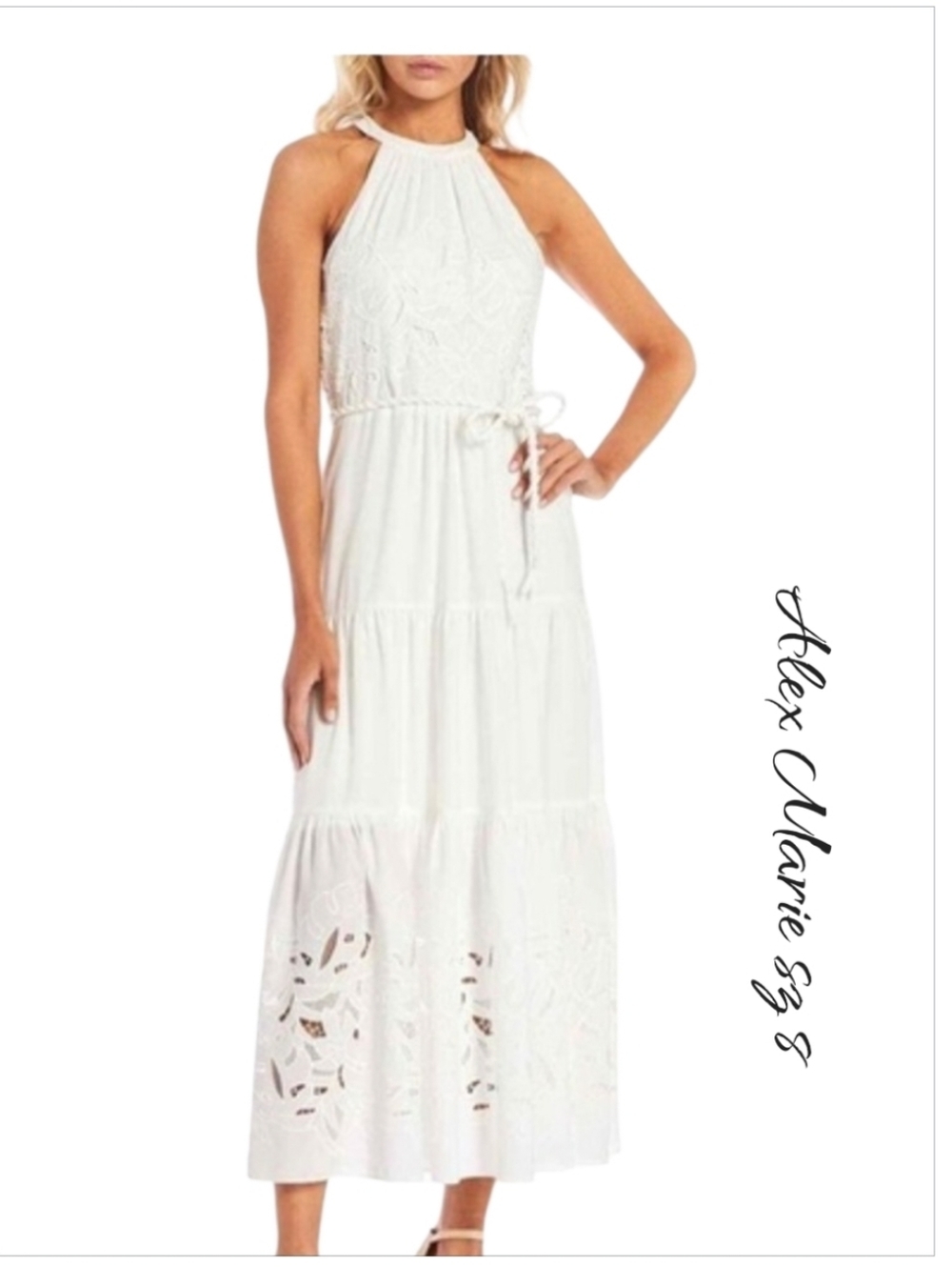Alex Marie Angelica White Halter Neck Braided Belt Tiered Maxi Dress NWT Sz 8